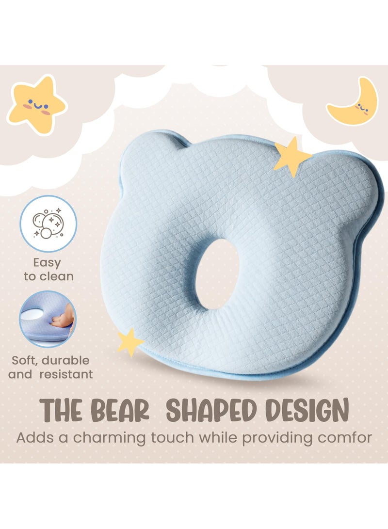 Flushrenic Memory Foam Baby Travel Pillow, Portable Cute Cartoon Bear Soft Comfortable Pillow, Flat Head Baby Pillow, Newborn Neck Pillow, Newborn Pillow, Baby Breathable Bedding Set, Suitable for Boys and Girls to Prevent Flat Head (Light Blue) - Image 4