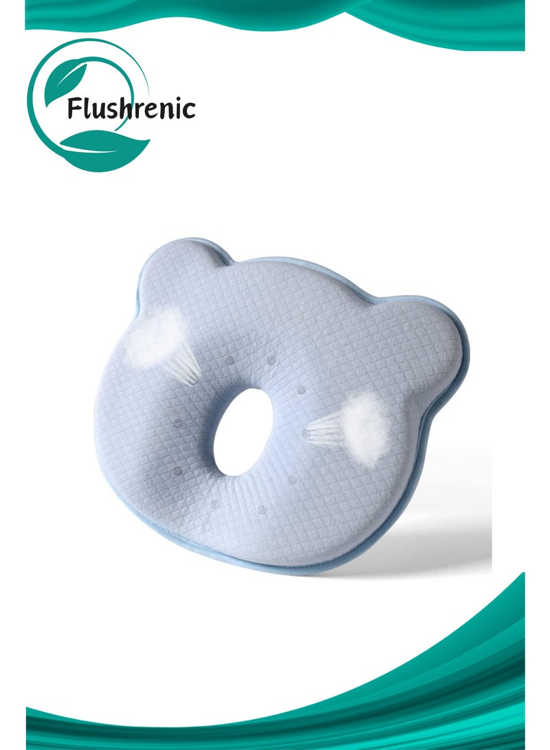 فلوشرينيك وسادة أطفال ميموري فوم للسفر، وسادة ميموري فوم للسفر، وسادة مريحة وناعمة ومحمولة على شكل دب كرتوني لطيف، وسادة مسطحة الرأس للأطفال، وسادة رقبة لحديثي الولادة، وسادة لحديثي الولادة، مجموعة فراش للأطفال قابلة للتنفس، مناسبة للأولاد والبنات لمنع تسطيح الرأس (أزرق فاتح) - Image 1