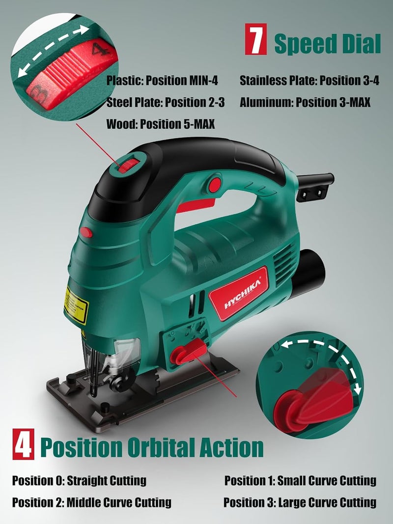 Jigsaw, 800W Max Cutting Depth 110mm for Wood, 800-3000SPM Electric Jigsaw with Laser, 7 Variable Speeds, 0-3 Orbital Sets, Bevel Cutting: -45 ° to 45, 6 Blades - Image 3