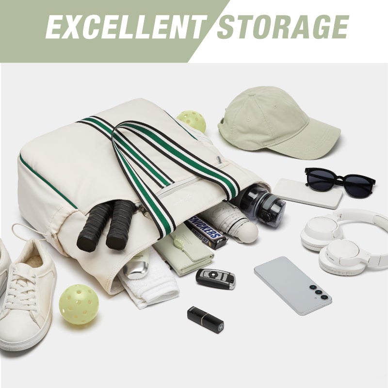 G4Free Pickleball Bag, Pickleball Tote Bag for Women Men, External Ball Bag with Shoe Compartment & Paddle Cover Pocket,Beige&Green - Image 4