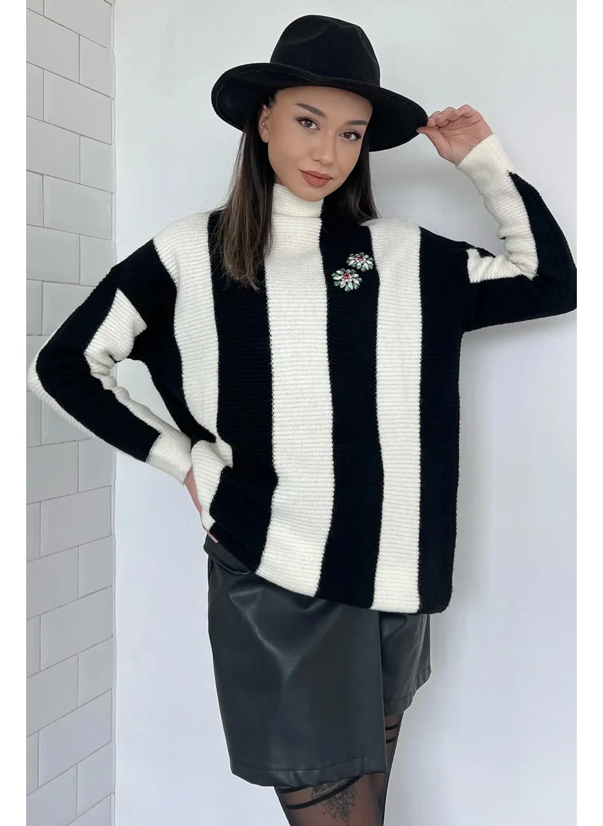 Gülseli Half Turtleneck Color Block Stone Embroidered Women's Knitted Sweater