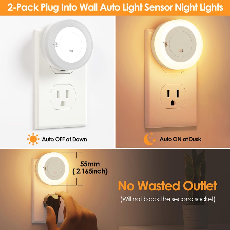 FOLKSMATE LED Night Lights Plug in, Dimmable Nightlight Plug Into Wall with Light Sensor, Soft White Adjustable for Adults, Bedroom, Bathroom, 2-Pack - Image 2