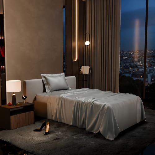 Stoa Paris Single Bedsheet with 1 Pillow Cover, 300TC Satin Premium Bedding Set, Home Decor, Wedding Gift for Couples, Housewarming, Anniversary, Date Night - Harbour Mist Grey - Image 1
