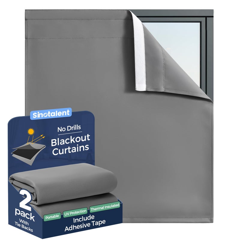 Sinotalent Adhesive Blackout Curtains for Bedroom Living Room 30 Inches Long 2 Panels, No Drill Window Blinds, Thermal Insulated & UV Protection, Light Blocking Drapes. (Gray, 29" W x 30" L) - Image 1