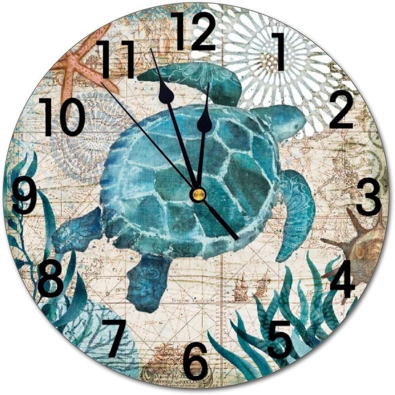 Abucaky Blue Sea Turtle Nautical Map Retro Ocean Wall Clock Battery Operated Silent Non Ticking Round Clock Art Wall Decor for Home, Office, School 9.8 Inch - Image 1