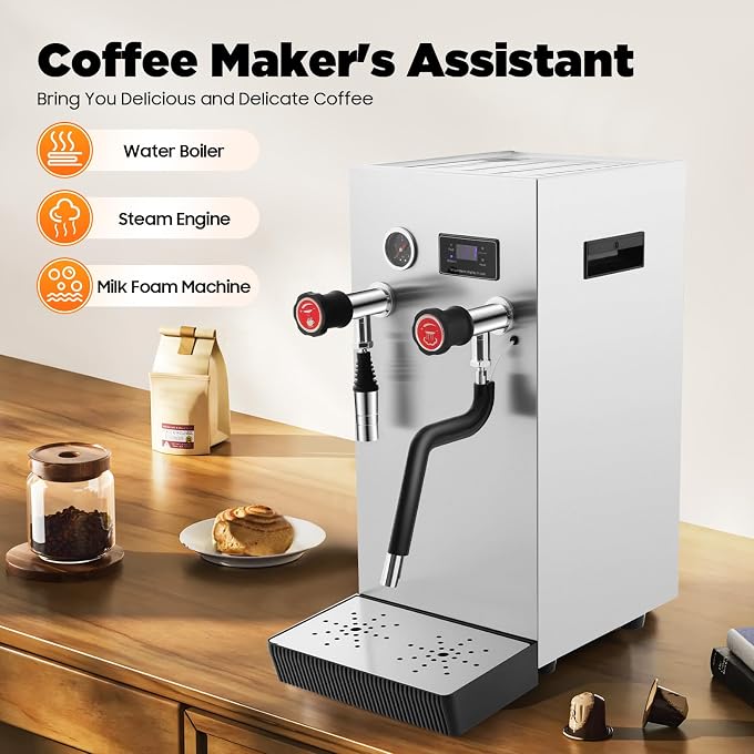YIYIBYUS Espresso Machine, 110V 8L Commercial Espresso Coffee Milk Foam Maker Stainless Steel Electric Fast Heating Steam Water Boiling Machine with LED Display for Tea Cappuccino Latte Mocha - Image 2