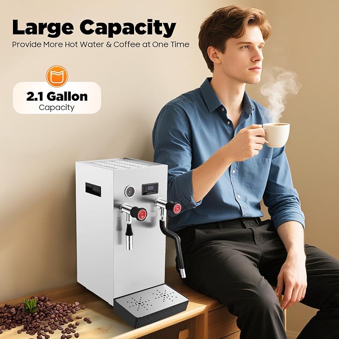 YIYIBYUS Espresso Machine, 110V 8L Commercial Espresso Coffee Milk Foam Maker Stainless Steel Electric Fast Heating Steam Water Boiling Machine with LED Display for Tea Cappuccino Latte Mocha - Image 3