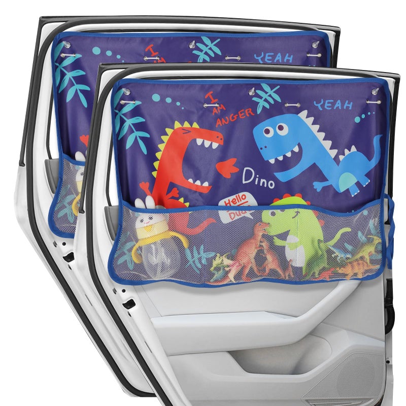 DIZA100 Car Window Shade for Baby 2 Pack Car Sun Shades with Storage Net Pocket Auto Window Curtain 7 Suction Cups Blue Dinosaurs for SunHeatUV Rays Protection Kids - Image 3