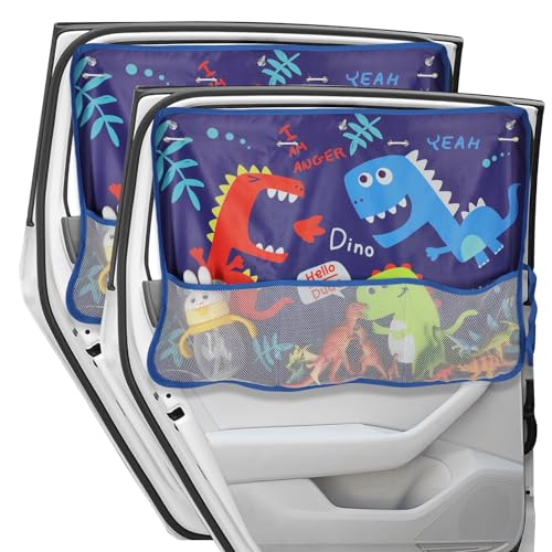 DIZA100 Car Window Shade for Baby 2 Pack Car Sun Shades with Storage Net Pocket Auto Window Curtain 7 Suction Cups Blue Dinosaurs for SunHeatUV Rays Protection Kids - Image 1