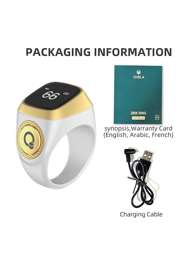 iQIBLA Smart Tasbih Zikr Ring, Muslim 5 Daily Prayer times Notifications reminder with OLED display, Tasbih Counter that links for iQibla app, Waterproof, Size 18mm - White/Gold