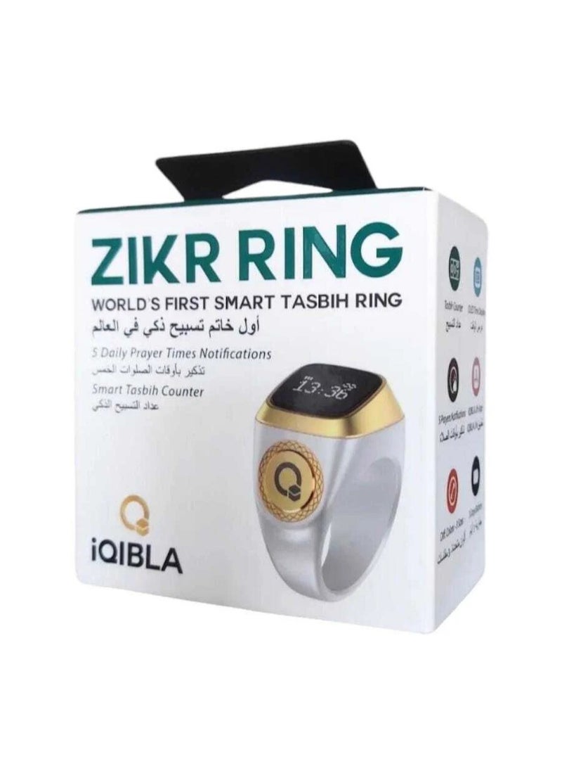 iQIBLA Smart Tasbih Zikr Ring, Muslim 5 Daily Prayer times Notifications reminder with OLED display, Tasbih Counter that links for iQibla app, Waterproof, Size 18mm - White/Gold