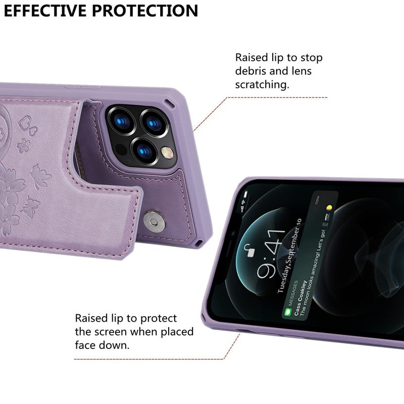iCoverCase Compatible with iPhone 12 Pro Max Wallet Phone Case with Card Holder for Women, RFID Blocking Embossed PU Leather Wrist Strap Case 6.7 Inch (Heart Purple) - Image 4