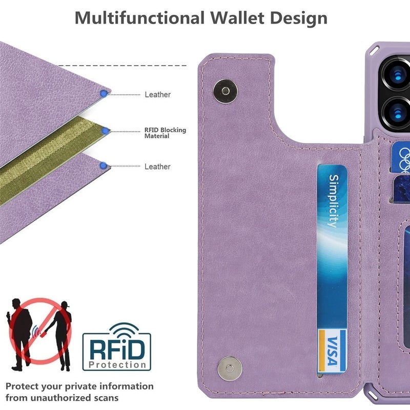 iCoverCase Compatible with iPhone 12 Pro Max Wallet Phone Case with Card Holder for Women, RFID Blocking Embossed PU Leather Wrist Strap Case 6.7 Inch (Heart Purple) - Image 3