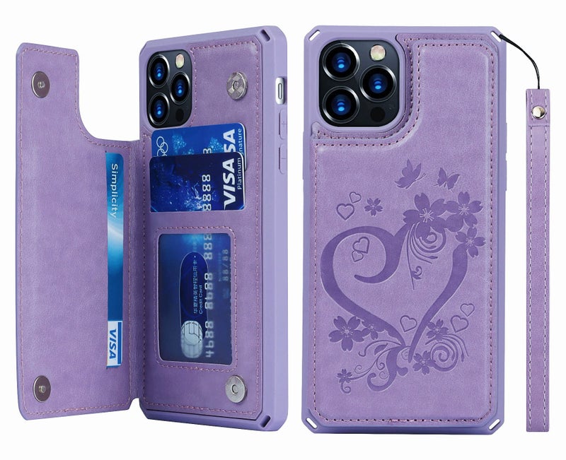 iCoverCase Compatible with iPhone 12 Pro Max Wallet Phone Case with Card Holder for Women, RFID Blocking Embossed PU Leather Wrist Strap Case 6.7 Inch (Heart Purple) - Image 1