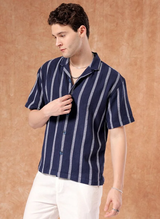 The Indian Garage Co Men Relaxed Fit Striped Half Sleeves Cuban Collar Resort Wear Shirt