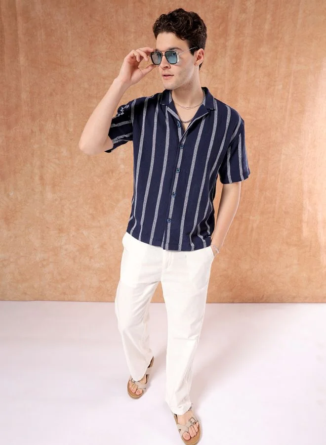 The Indian Garage Co Men Relaxed Fit Striped Half Sleeves Cuban Collar Resort Wear Shirt