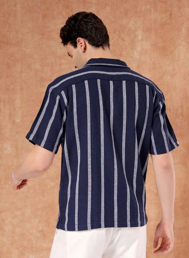 The Indian Garage Co Men Relaxed Fit Striped Half Sleeves Cuban Collar Resort Wear Shirt