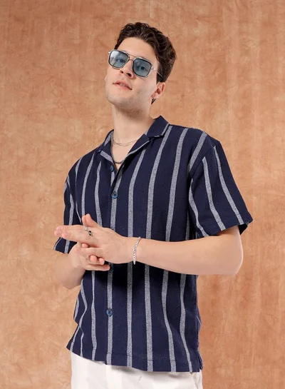 The Indian Garage Co Men Relaxed Fit Striped Half Sleeves Cuban Collar Resort Wear Shirt