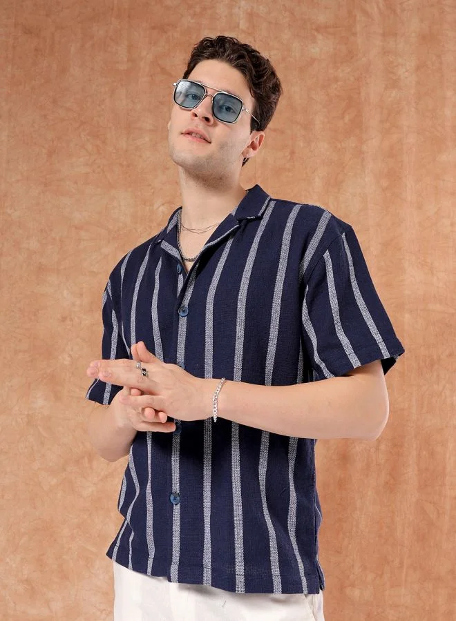The Indian Garage Co Men Relaxed Fit Striped Half Sleeves Cuban Collar Resort Wear Shirt
