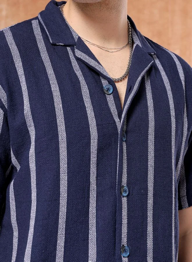 The Indian Garage Co Men Relaxed Fit Striped Half Sleeves Cuban Collar Resort Wear Shirt