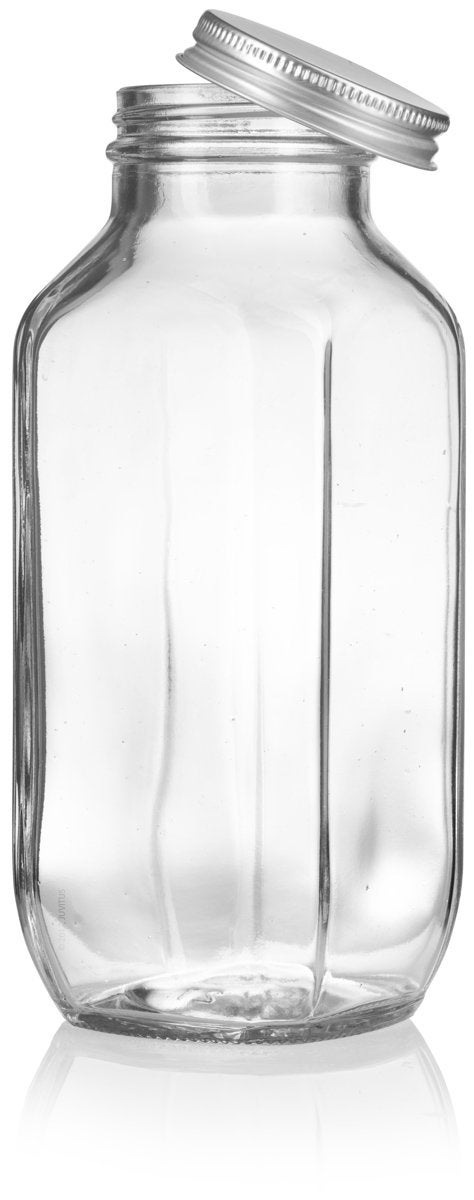16 oz / 480 ml Clear Thick Plated Glass French Square Empty Bottle Jar with Metal Silver Lid (4 Pack) Perfect for Home, Travel, Juicing, Kombucha