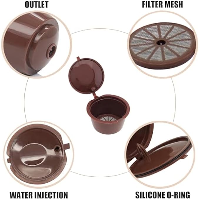 HIHIDAY Reusable Coffee Capsules For Dolce Gusto MachinesReusable Refillable Pods 6 Pcs BpaFree Filter Cups With 2 Plastic Spoon And 2 Cleaning BrushFor Mini Me Piccolo And More Brown - Image 2