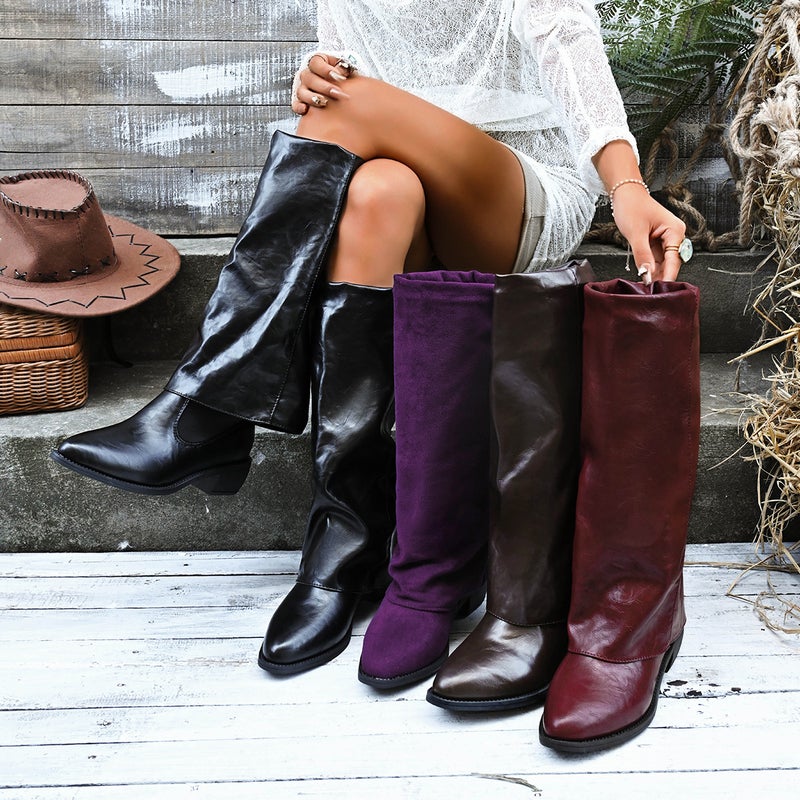 Pointed Toe Thick Heel Sleeve Trouser Boots 2025 Autum New Large Size Medium Heel High Boots For Women - Image 2