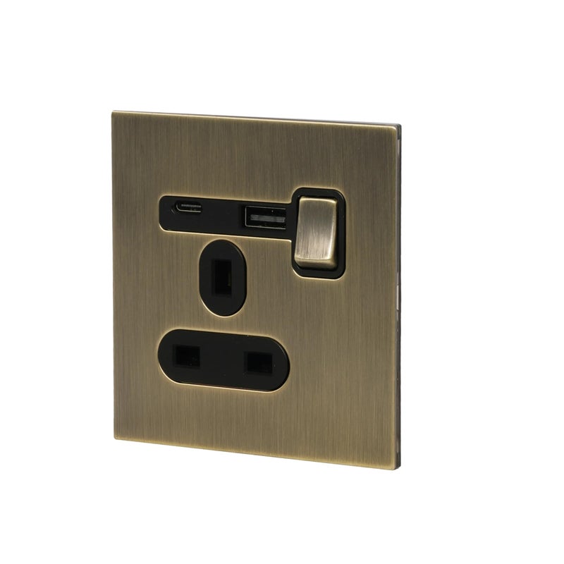 Donmarco مأخذ كهربائي بريطاني مفرد 13A - USB (5V 3.1A) + Type-C (18W) – لوحة من الفولاذ المقاوم للصدأ، مأخذ كهربائي مقاوم للحريق، ضمان لمدة 3 سنوات، منفذين شحن، مأخذ طاقة 13A (برونز عتيق فاتح) - Image 2