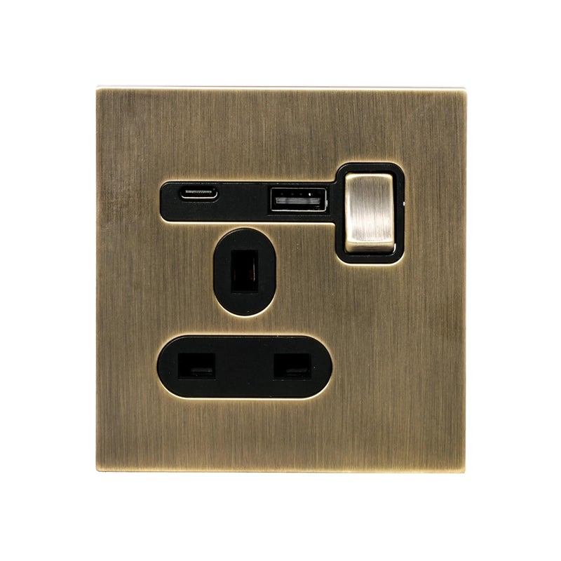 Donmarco مأخذ كهربائي بريطاني مفرد 13A - USB (5V 3.1A) + Type-C (18W) – لوحة من الفولاذ المقاوم للصدأ، مأخذ كهربائي مقاوم للحريق، ضمان لمدة 3 سنوات، منفذين شحن، مأخذ طاقة 13A (برونز عتيق فاتح) - Image 1