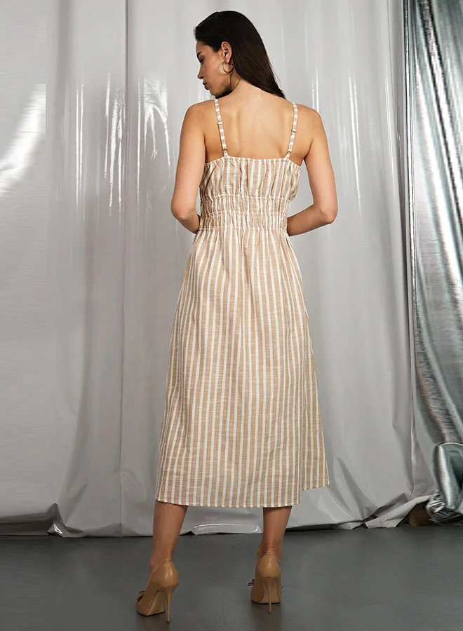 Virgio  VIRGIO 100% Cotton Striped Midi Dress With Ruched Bodice for Women | Best Price UAE