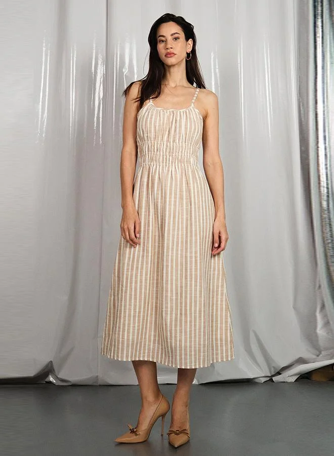 فيرجيو فستان ميدي مخطط قطن 100% من فيرجيو بخصر مزموم