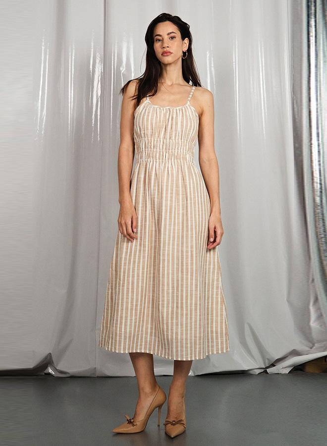 VIRGIO 100% Cotton Striped Midi Dress With Ruched Bodice - Image 1
