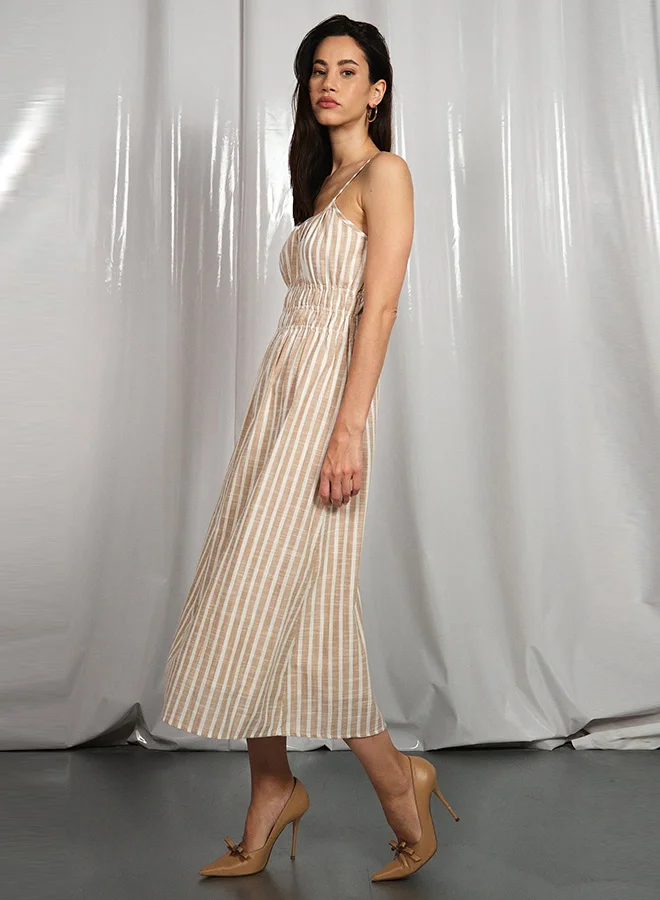 فيرجيو فستان ميدي مخطط قطن 100% من فيرجيو بخصر مزموم