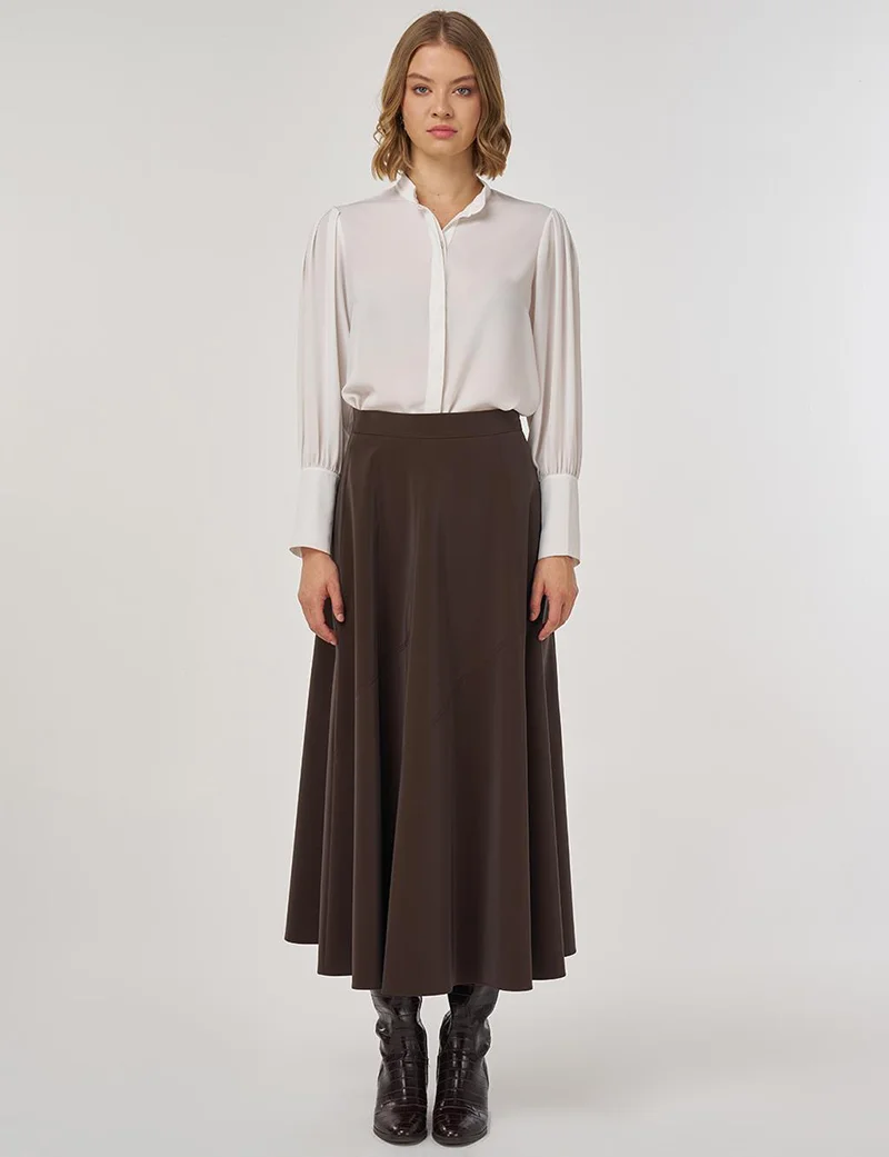 Kayra Panel-Seamed Flared Skirt in Dark Coffee