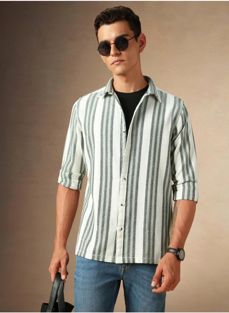 دينيس لينغو Men's White Cotton Blend Striped Shirt