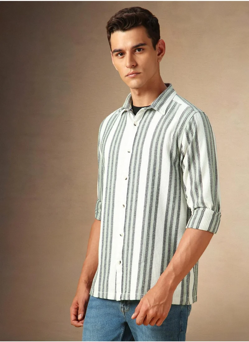 دينيس لينغو Men's White Cotton Blend Striped Shirt