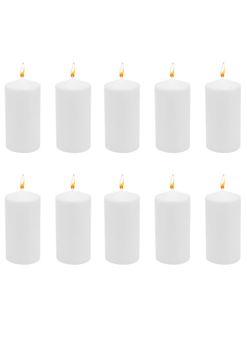 Fine Productions Premium Quality Unscented White Pillar Cotton Candles 5cm x 3cm Long Burning Hours, Decorative, SPA Dripless Clean Burning Smokeless Dinner Candle Dripless Decorative Candles for Wedding, Party, Birthday & Home Decor Set of 10 - Image 1