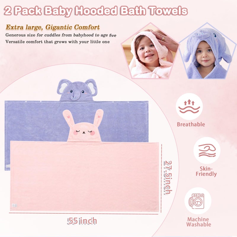 FOINEMYED 2 Pack Hooded Towels for Toddlers - Thick 55" x 27.5" Baby Bath Towel Set for Girls and Boys - Super Absorbent, Age 1-5, Elephant & Rabbit - Image 2