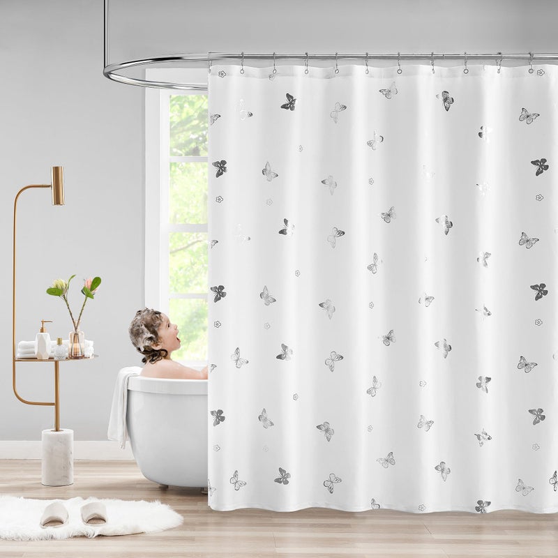 Jubilantex Butterfly Shower Curtain for Bathroom White Silver Print Farmhouse Waterproof Bathroom Decorative Rustic Kids Shower Curtain with 12 Rust Proof Grommets for Spa Hotel 70x72 Inches