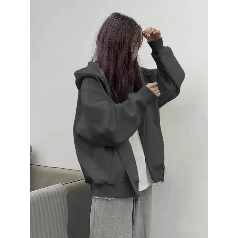 Generic Autumn melange gray Hooded Sweater Jacket Wide Relaxation Sense Small Wear Casual Simple Solid Color Zipper Cardigan Dark gray [regular style-without velvet]