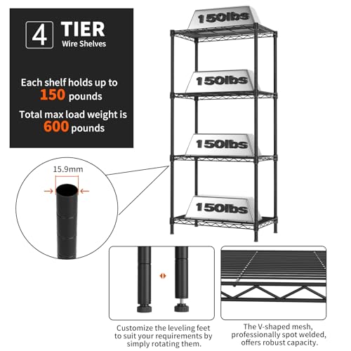 Golpart 4 Tier Adjustable Storage Shelves,Heavy Duty Metal Utility Shelf 600LBS Capacity,Wire Shelving Unit Organizer Rack for Home Kitchen Office BathroomM Pantry Room 12" D x 22" W x 44" H Black - Image 5