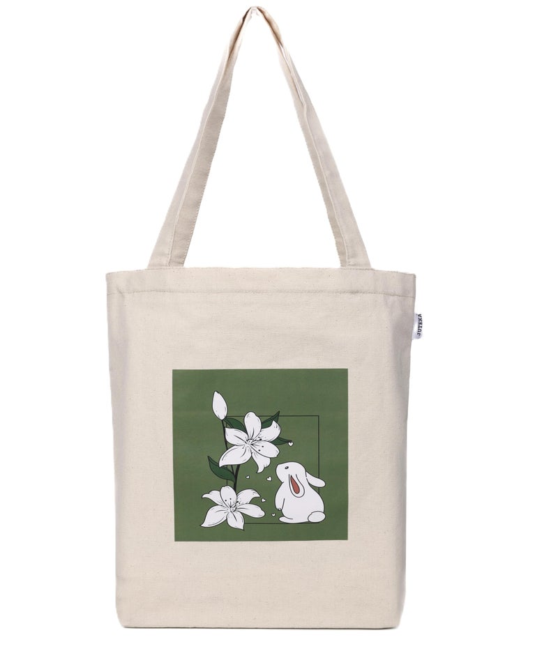 JUTEKA Canvas Tote Bag with Zip, College Bag for Girls, 100% Organic Cotton Tote Bag for Shopping, Travel & Beach bags for Women (Rabbit) - Image 1