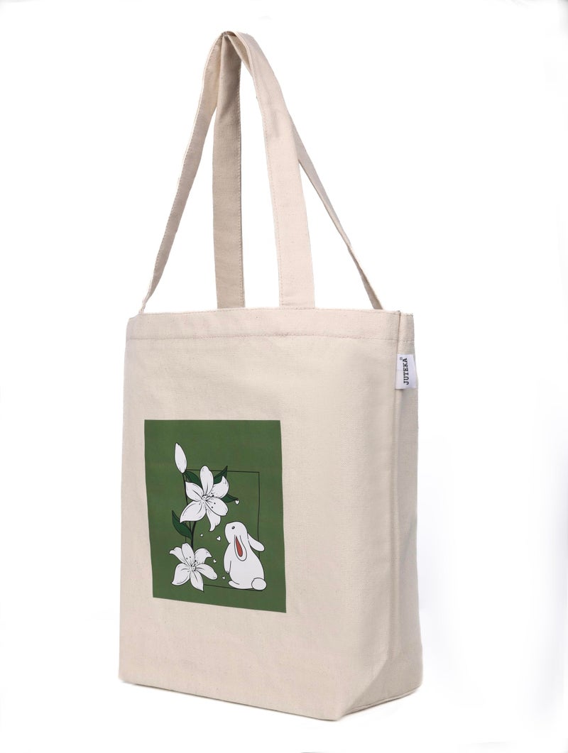 JUTEKA Canvas Tote Bag with Zip, College Bag for Girls, 100% Organic Cotton Tote Bag for Shopping, Travel & Beach bags for Women (Rabbit) - Image 2