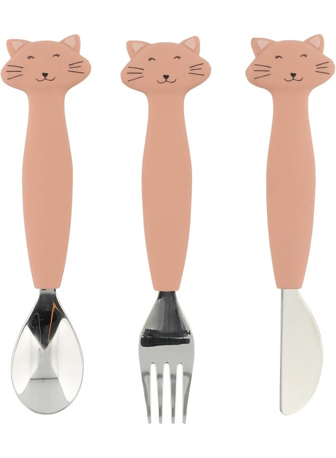 Trixie Baby Trixie Silicone And Stainless Steel Cutlery Set For Babies And Children, 3 Pieces , Fork, Spoon And Knife , Mrs. Cat - Image 1