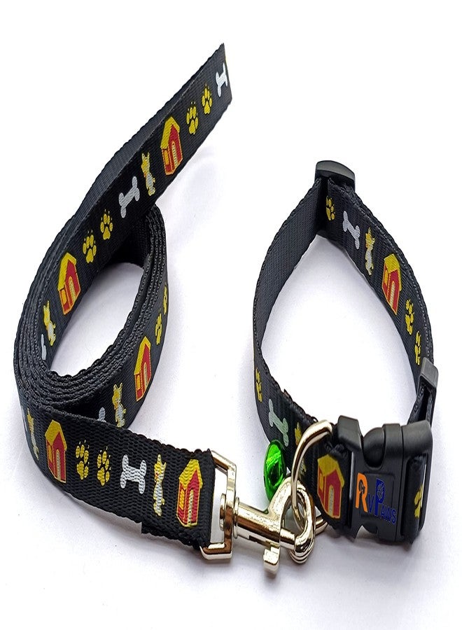 Pups&Pets طقم طوق وحزام ومقود من النايلون مطبوع عليه شكل مخلب/عظمة من Pups&Pets، مقاس 15 مم، مع مشبك سريع الفتح وقابل للتعديل، وحزام رقبة يسمح بالتهوية، مثالي للجراء والكلاب والقطط - أسود - Image 1