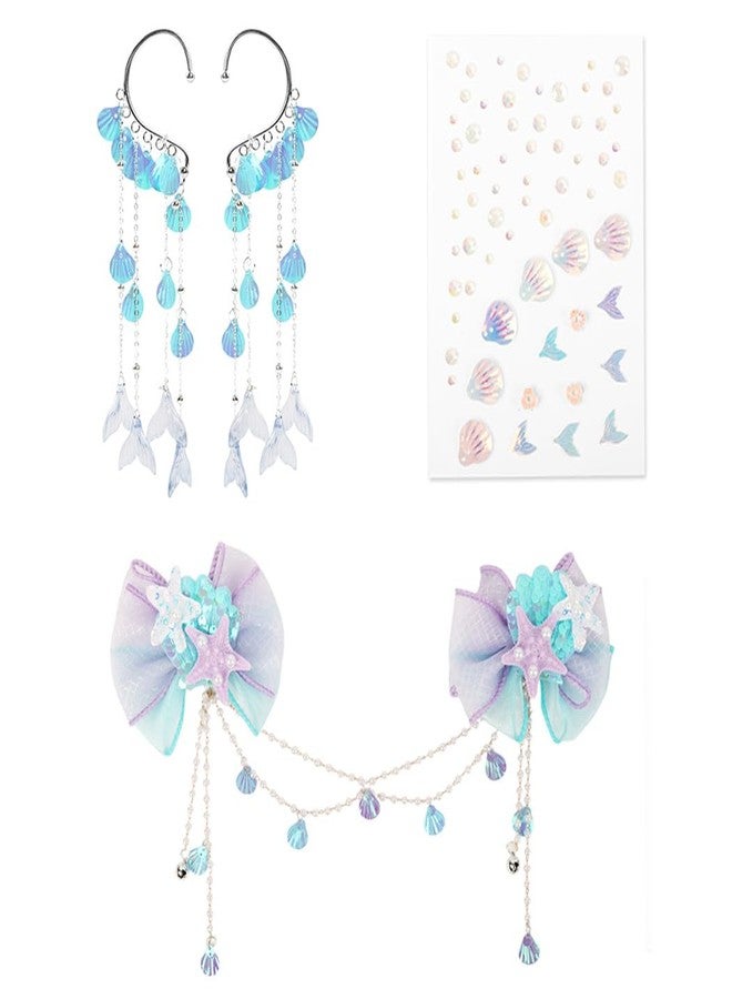 MAYCREATE® Mermaid Accessories for Girls Bow Hair Clips Tassel Sequins Ear Cuffs Seashell Face Gems Party Princess Costume Jewelry Kit Little Mermaid Cosplay Accessories for Girls - Image 1