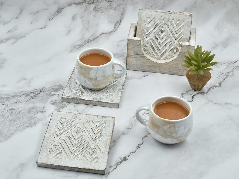 Store Indya Set of 4 Wooden Square Coasters with Holder for Tea Coffee Beer Wine Glass Drinks-Whitewash Finish with Geometrical Carving Perfect Coasters - Image 1