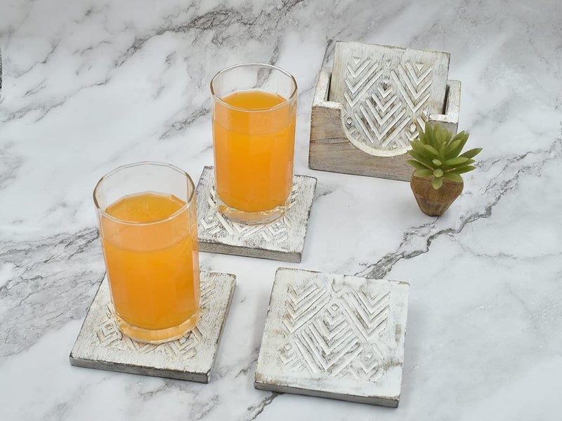 Store Indya Set of 4 Wooden Square Coasters with Holder for Tea Coffee Beer Wine Glass Drinks-Whitewash Finish with Geometrical Carving Perfect Coasters - Image 2