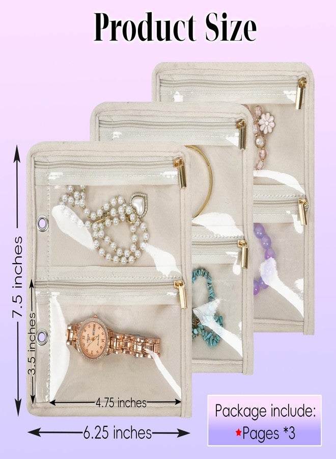 LingLingo Travel Jewelry Organizer Case,Small Jewelry Bags for Traveling, Jewelry Binder with 24 Pcs Clear Zipper Velvet Pouches (Inner Pages,Beige,3 PCS) - Image 2