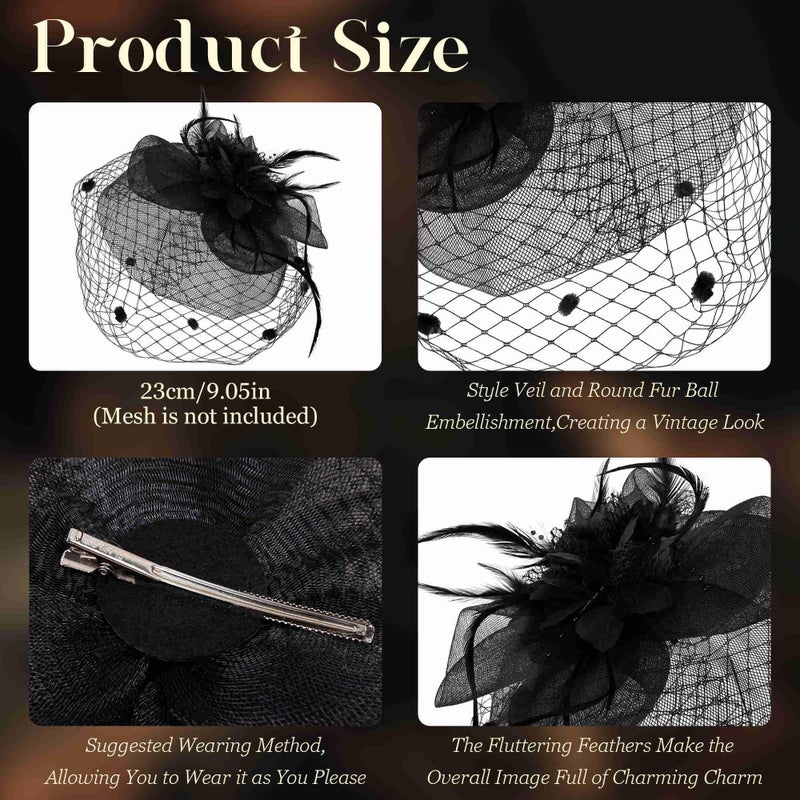 Masedy Fascinators Hats for Women Tea Party Hat Feather Mesh Headband Vintage Lace Headwear Veil Hair Clip Church Black - Image 2